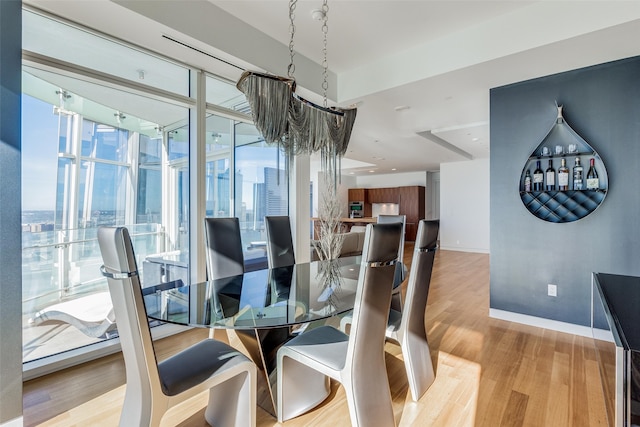 dining room with a wall of windows, light hardwood / wood-style floors, and a wealth of natural light