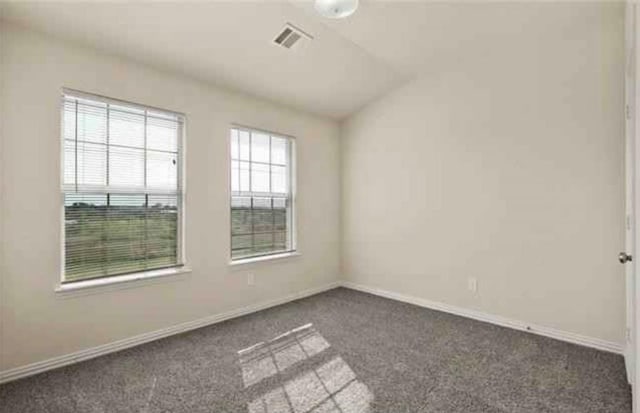 empty room featuring dark colored carpet, lofted ceiling, and a wealth of natural light