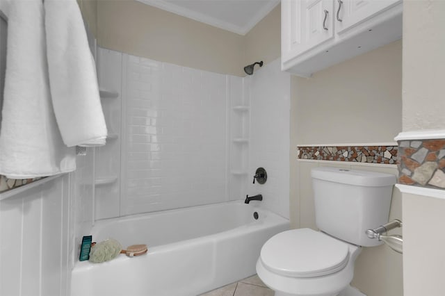 bathroom featuring tile patterned floors, ornamental molding, toilet, and shower / bath combination