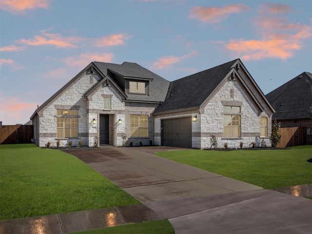 french provincial home featuring a garage and a lawn