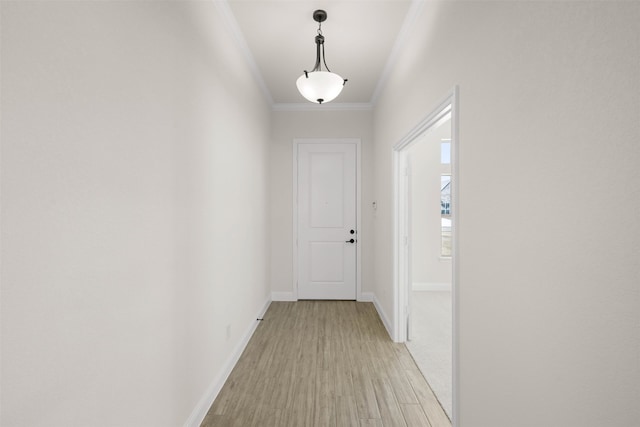 doorway to outside with crown molding and light wood-type flooring