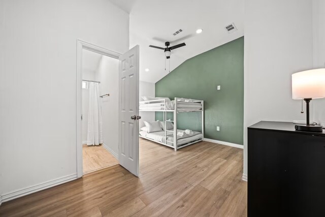 bedroom featuring ceiling fan and light hardwood / wood-style floors