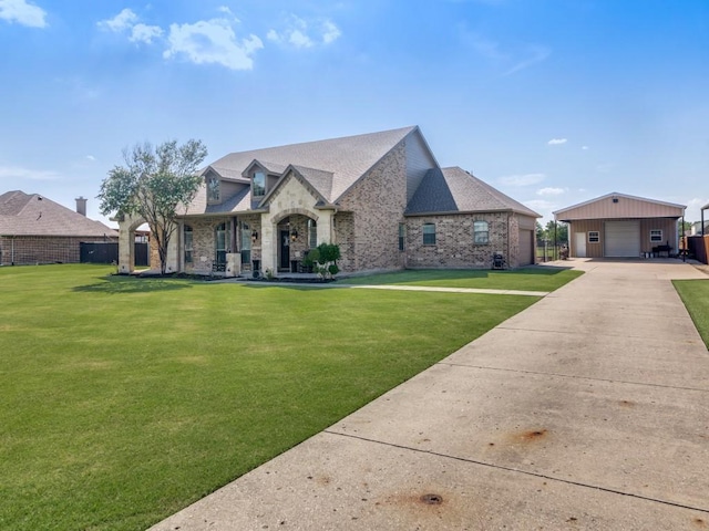 french provincial home featuring a garage and a front yard