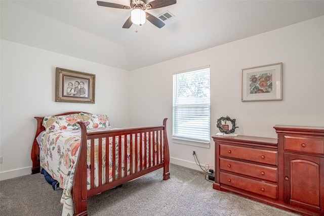 carpeted bedroom with ceiling fan