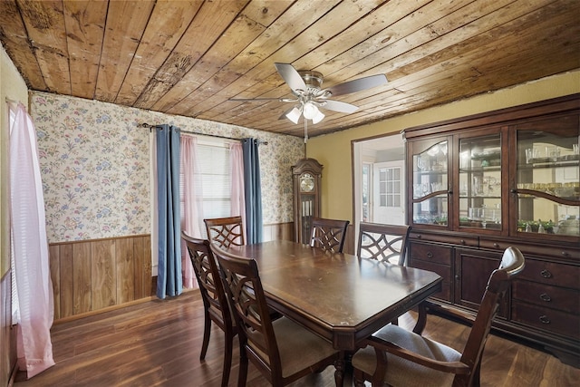 dining area with dark wood-type flooring, ceiling fan, wood walls, and wooden ceiling