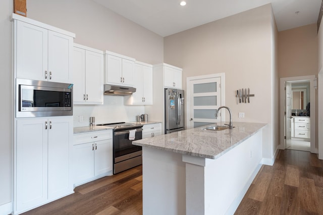 kitchen featuring appliances with stainless steel finishes, light stone countertops, sink, and white cabinets