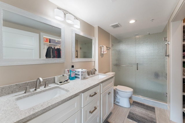 bathroom featuring vanity, toilet, and a shower with door