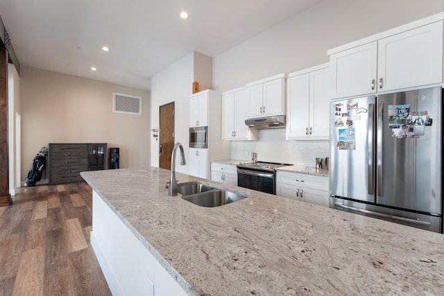 kitchen featuring sink, backsplash, stainless steel appliances, and white cabinets