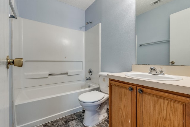 bathroom with a textured ceiling, toilet, visible vents, vanity, and tub / shower combination