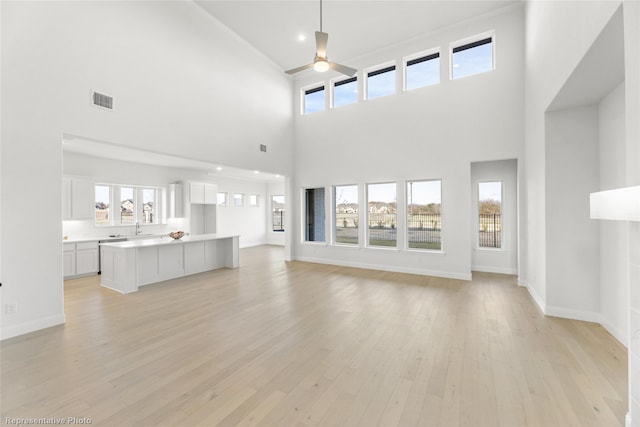 unfurnished living room with a healthy amount of sunlight, visible vents, and light wood-type flooring