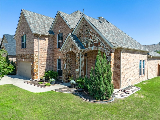 english style home with a garage and a front yard