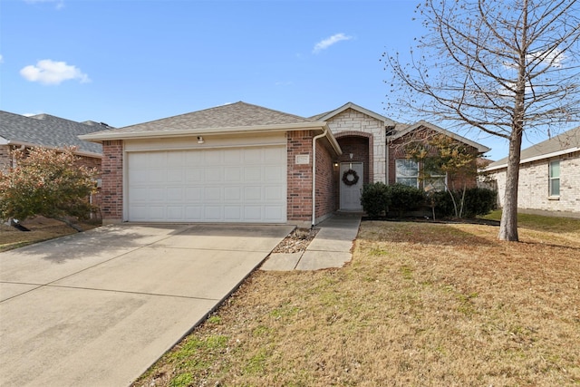 single story home with a garage and a front yard