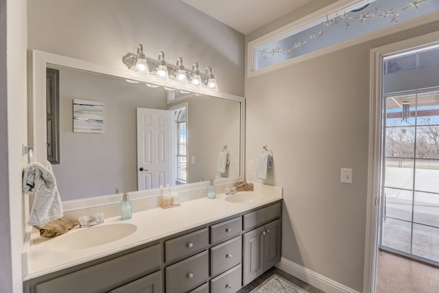 bathroom with vanity and wood-type flooring