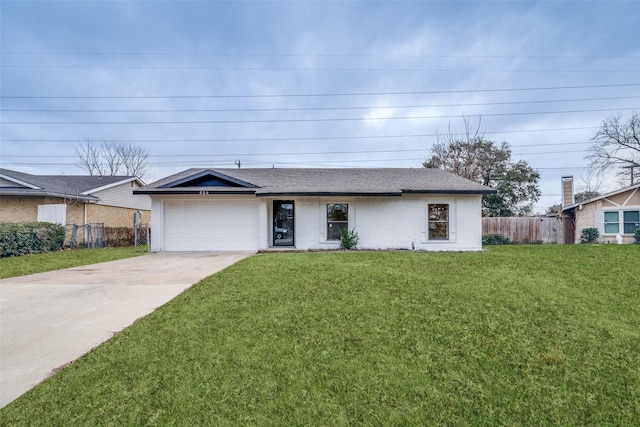 single story home with a garage and a front yard