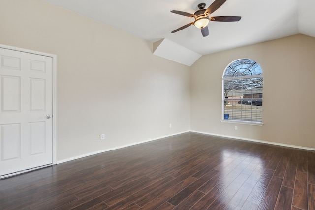 unfurnished room featuring dark hardwood / wood-style flooring, lofted ceiling, and ceiling fan