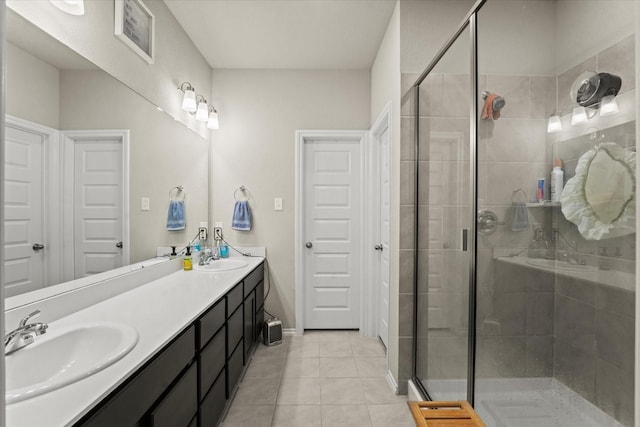 full bathroom with tile patterned floors, a shower stall, and double vanity