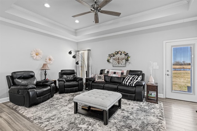 living room featuring hardwood / wood-style floors, ornamental molding, a raised ceiling, and ceiling fan