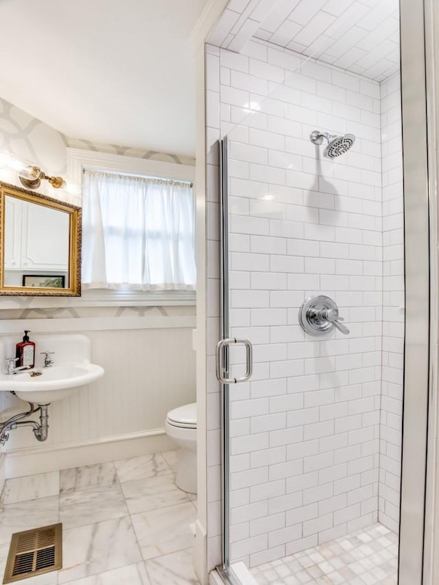 bathroom with sink, toilet, and walk in shower