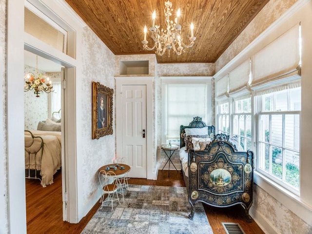 living area featuring wooden ceiling, dark hardwood / wood-style floors, and a notable chandelier