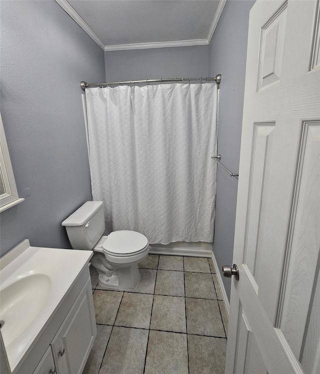 full bathroom with tile patterned flooring, crown molding, vanity, and toilet