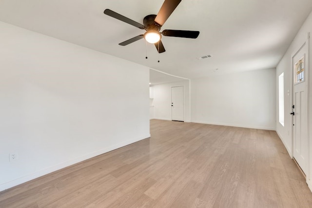 empty room featuring ceiling fan and light hardwood / wood-style floors