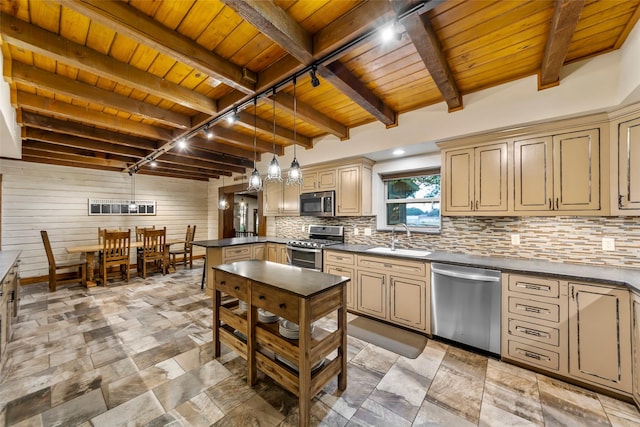 kitchen with appliances with stainless steel finishes, decorative light fixtures, rail lighting, sink, and wooden ceiling