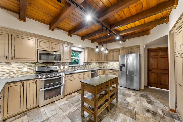 kitchen with sink, tasteful backsplash, wood ceiling, hanging light fixtures, and stainless steel appliances