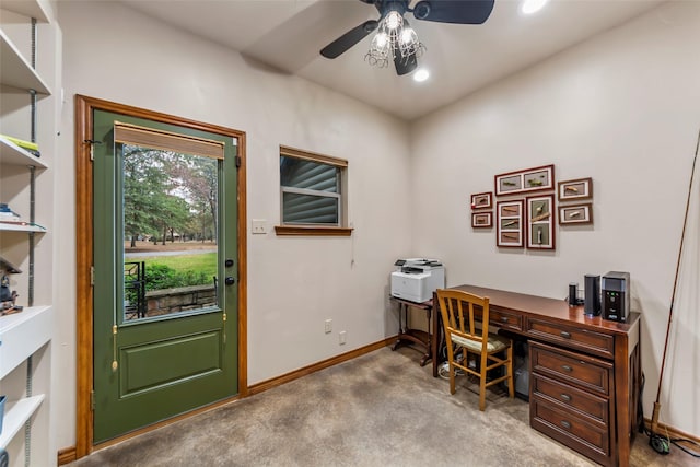 office area with light carpet and ceiling fan