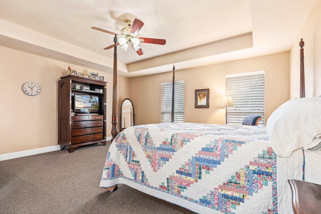 bedroom featuring a raised ceiling, ceiling fan, and carpet