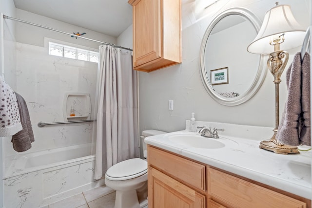 full bathroom with vanity, shower / tub combo with curtain, tile patterned floors, and toilet