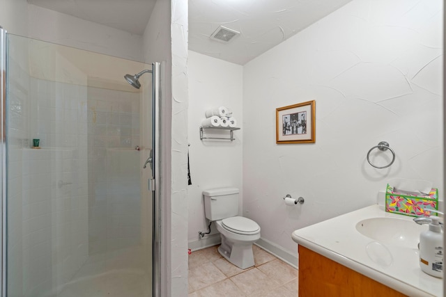 bathroom with walk in shower, vanity, toilet, and tile patterned flooring