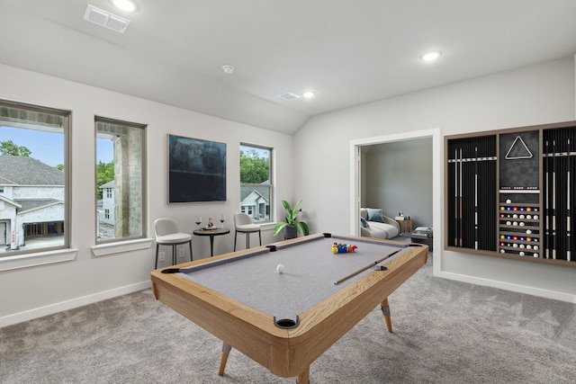 rec room with carpet floors, billiards, a healthy amount of sunlight, and vaulted ceiling