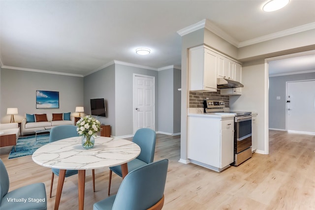 kitchen with white cabinetry, backsplash, stainless steel range with electric cooktop, and light wood-type flooring