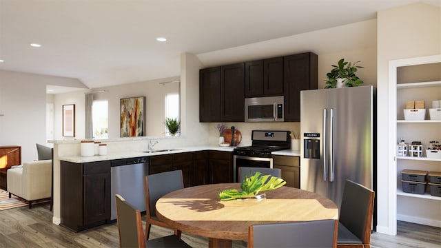 kitchen featuring dark brown cabinetry, a sink, light wood-style floors, open floor plan, and appliances with stainless steel finishes