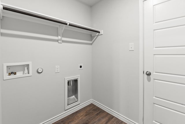 laundry room featuring laundry area, baseboards, dark wood-style flooring, washer hookup, and electric dryer hookup