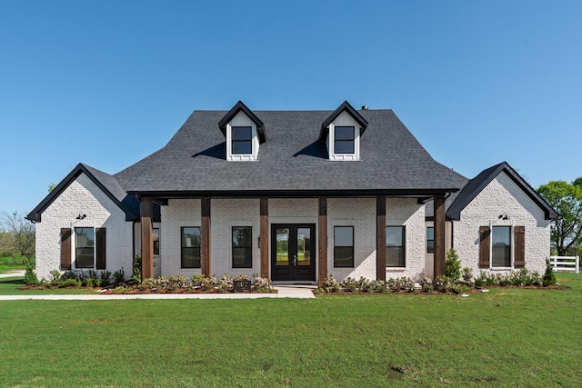 view of front facade featuring brick siding, french doors, a front lawn, and roof with shingles