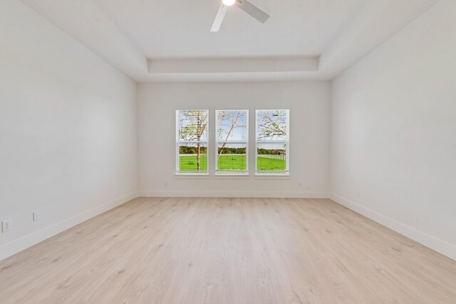 spare room with a tray ceiling, baseboards, and light wood-style floors