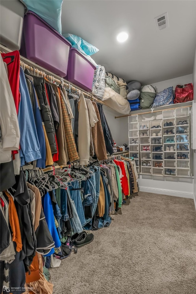 walk in closet featuring carpet flooring