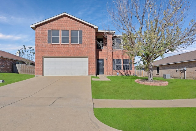 view of front of home featuring a garage, central AC unit, and a front yard