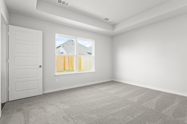 carpeted spare room with a tray ceiling