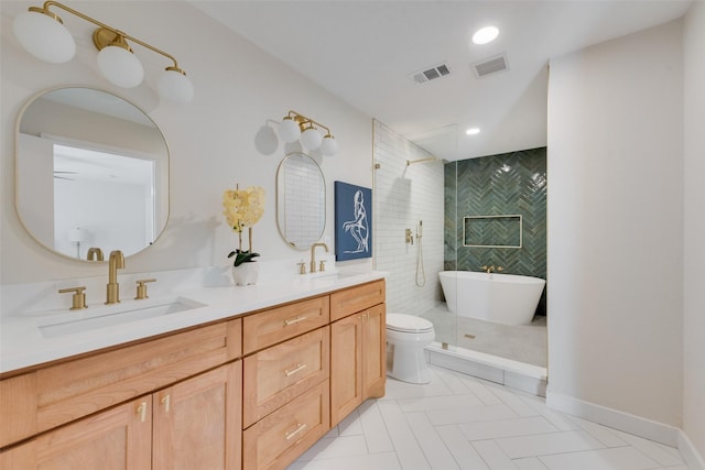 full bathroom featuring tile patterned flooring, vanity, plus walk in shower, and toilet