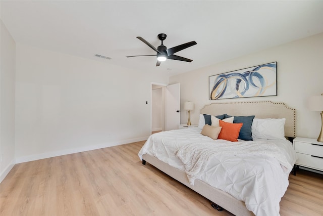 bedroom with light hardwood / wood-style floors and ceiling fan