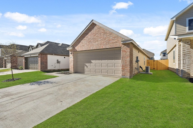 view of home's exterior with a yard, brick siding, central AC, and fence