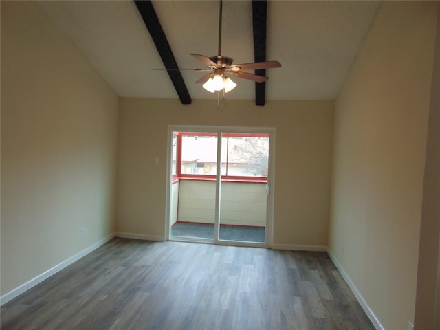 empty room featuring hardwood / wood-style flooring, ceiling fan, and beamed ceiling