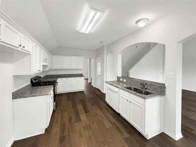 kitchen featuring sink, white cabinets, dark stone counters, electric range, and white dishwasher