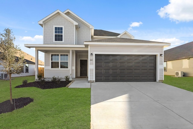 view of front facade with a garage, ac unit, concrete driveway, and a front yard