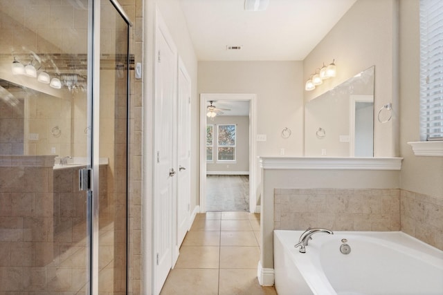 bathroom with shower with separate bathtub, tile patterned floors, and ceiling fan