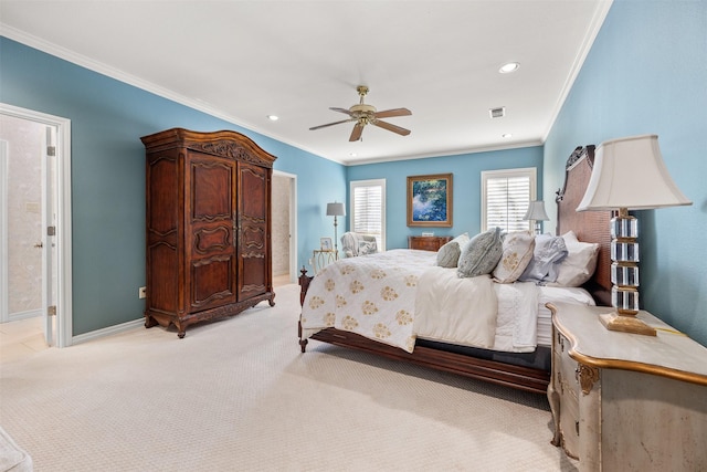 bedroom with ceiling fan, ornamental molding, and light carpet