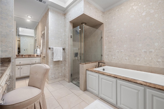 bathroom with crown molding, shower with separate bathtub, vanity, and tile patterned floors