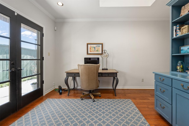 office featuring french doors, wood-type flooring, crown molding, and plenty of natural light